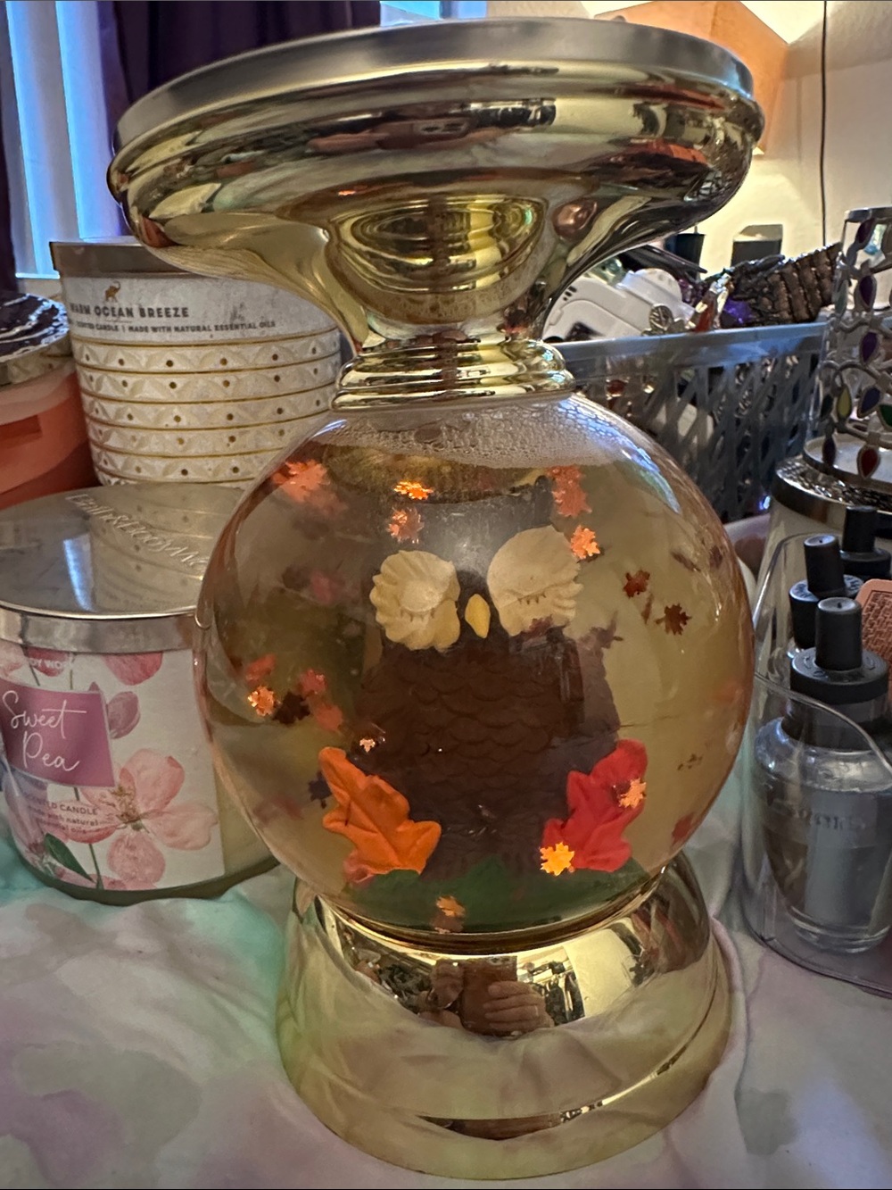 Snow globe with an owl and fall leaves